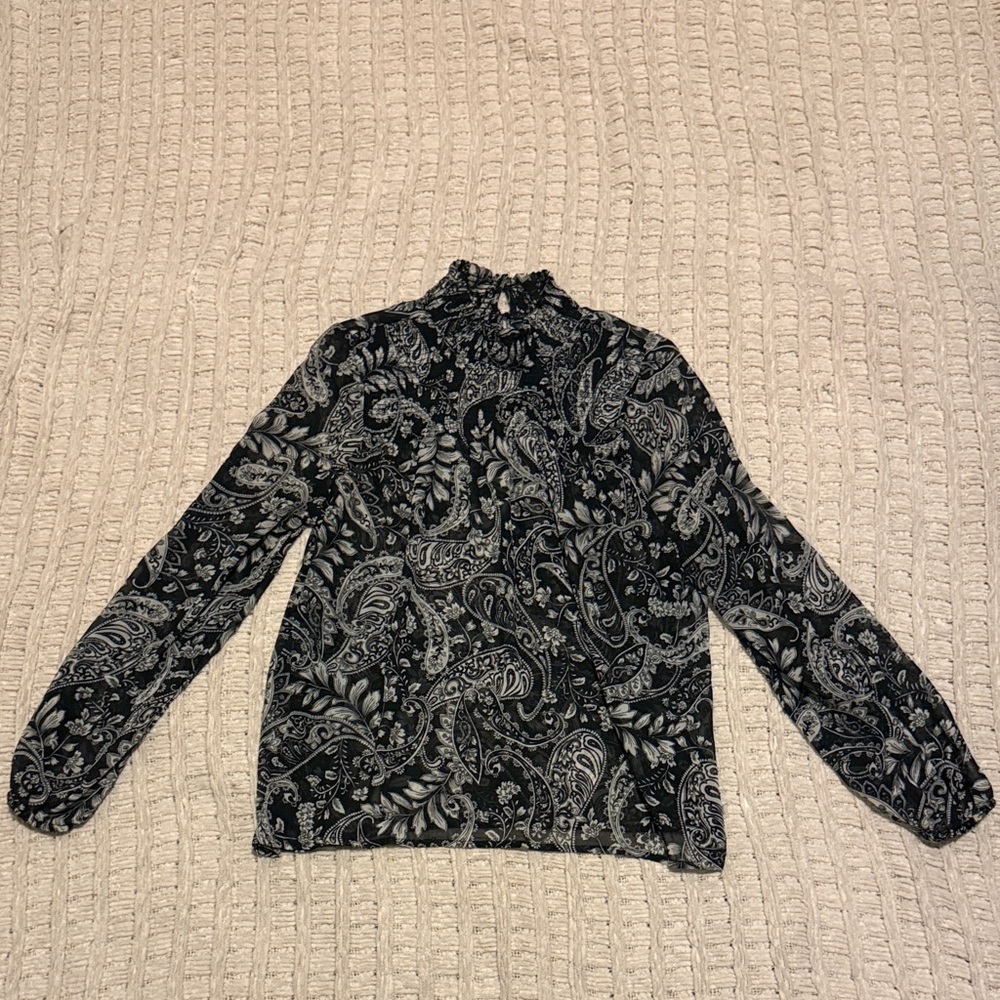 Sheer Chiffon Black and White Paisley Long Sleeve Blouse